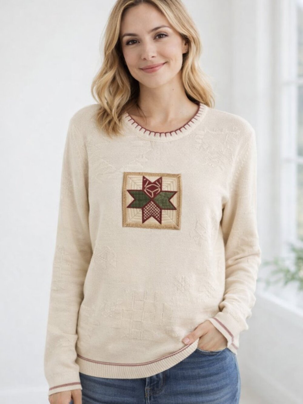 1990s Cabela's cream knit sweater quilted patch design NWT Size 2XL